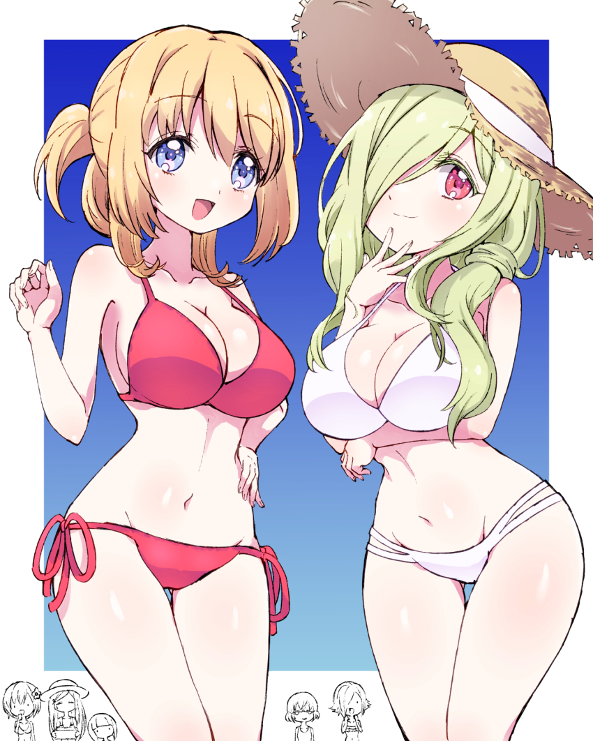 6+girls, bikini, blonde_hair, blue_eyes, blush, breasts, cleavage, closed_mouth