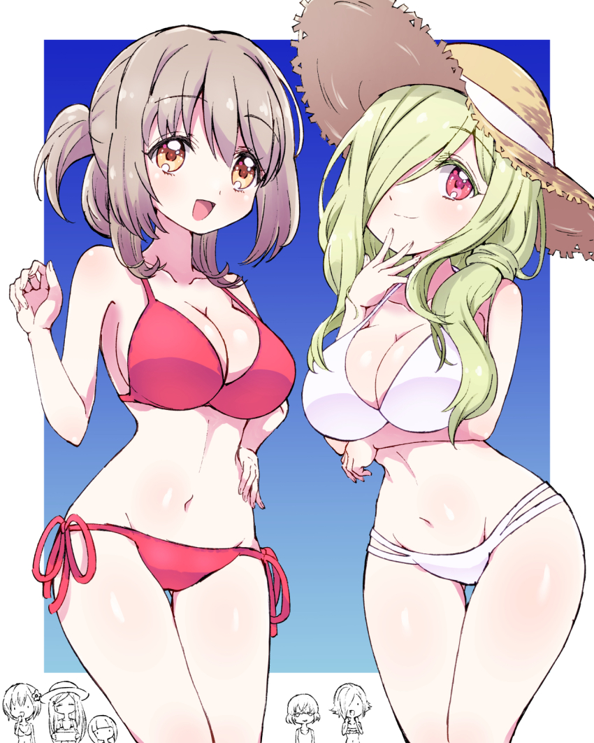 6+girls, bikini, blush, breasts, brown_eyes, brown_hair, cleavage, closed_mouth
