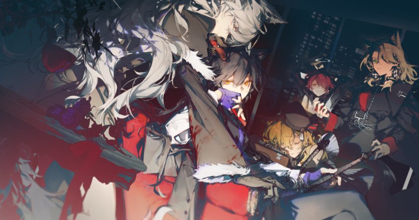 5girls, absurdres, animal_ears, arknights, beret, black_coat, black_gloves, black_headwear, black_jacket, black_pants, blue_gloves, blue_necktie, character_request, chocolate, closed_eyes, closed_mouth, coat, coat_on_shoulders, couch, cup, drinking_glass, dutch_angle, exusiai_(arknights), fingerless_gloves, fur-trimmed_jacket, fur_trim, giovanna_rossati_(arknights), gloves, green_eyes, grey_eyes, grey_hair, grin, halo, hat, high-waist_pants, highres, jacket, lappland_(arknights), long_hair, long_sleeves, looking_at_viewer, medium_hair, min_(120716), multiple_girls, necktie, official_alternate_costume, orange_eyes, pants, red_eyes, red_hair, red_necktie, sitting, sleeping, smile, sora_(arknights), sora_(melodiosa)_(arknights), table, texas_(arknights), texas_the_omertosa_(arknights), window, wine_glass, wolf_ears, wolf_girl