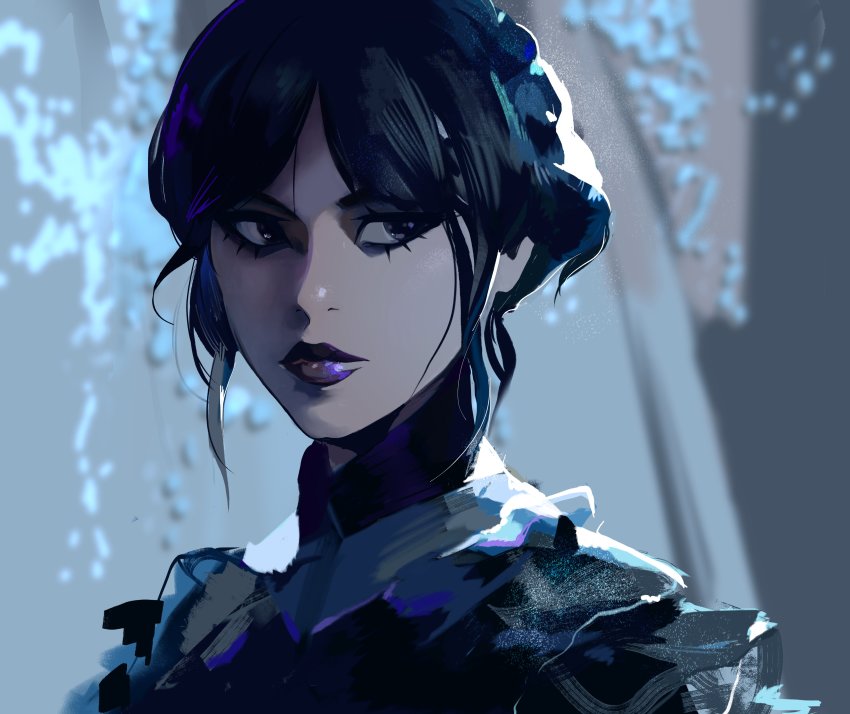 1girl, absurdres, the_addams_family, black_dress, black_hair, dress, eyeliner, eyeshadow