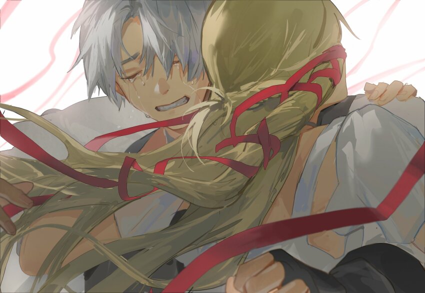 1boy, 1girl, blonde_hair, braid, clenched_teeth, closed_eyes, comforting, crying