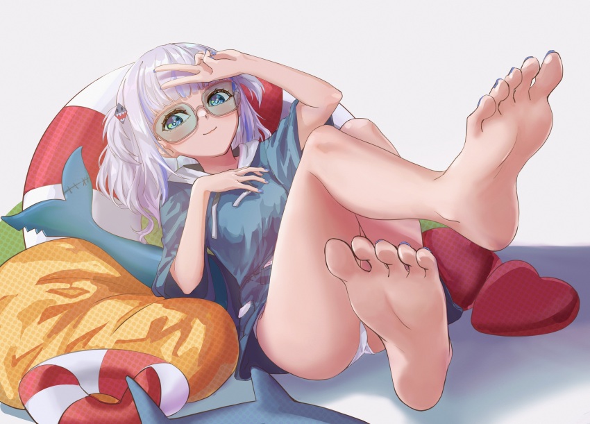 1girl, barefoot, blue_eyes, blue_hair, blue_nails, cushion, feet, foreshortening, full_body, gawr_gura, grey_hair, highres, hololive, hololive_english, hood, hoodie, innertube, long_hair, looking_at_viewer, multicolored_hair, nail_polish, panties, pantyshot, pavo543, simple_background, smile, soles, solo, streaked_hair, sunglasses, swim_ring, toenail_polish, toenails, toes, two_side_up, underwear, virtual_youtuber, white_panties