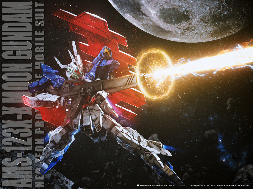 absurdres, asteroid, beam_rifle, character_name, energy_gun, firing, glowing, glowing_eyes