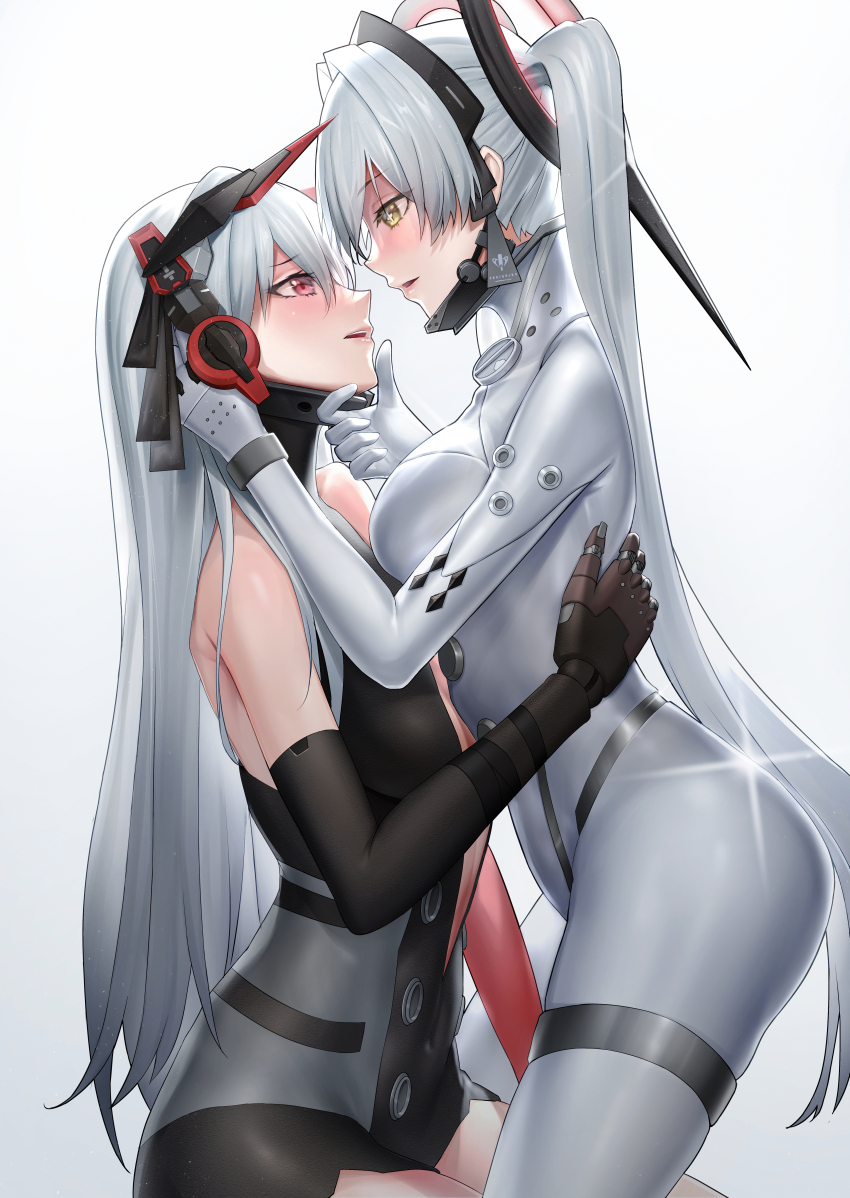 2girls, absurdres, bodysuit, breasts, commentary_request, cross-shaped_pupils, floating_headgear, for-miku, grey_bodysuit, grey_hair, hand_on_another's_back, hand_on_another's_chin, hand_on_another's_head, headgear, highres, large_breasts, long_hair, alpha:_crimson_abyss_(pgr), luna:_laurel_(pgr), luna_(pgr), mechanical_arms, multiple_girls, punishing:_gray_raven, red_eyes, sleeveless, sleeveless_bodysuit, symbol-shaped_pupils, twintails, very_long_hair, yellow_eyes, yuri