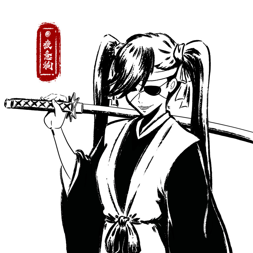 1girl, black_ribbon, bleach, bleach:_sennen_kessen-hen, eyepatch, haori, headband, highres, holding, holding_sword, holding_weapon, ink, ink_painting, japanese_clothes, katana, long_hair, over_shoulder, ribbon, saitou_furoufushi, shinigami, smile, solo, sword, sword_over_shoulder, teeth, twintails, user_yygg8472, watermark, weapon, weapon_over_shoulder, white_background, white_headband