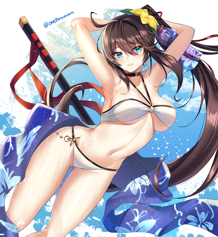 1girl, absurdres, armpits, arms_behind_head, arms_up, bare_arms, bare_shoulders, bikini
