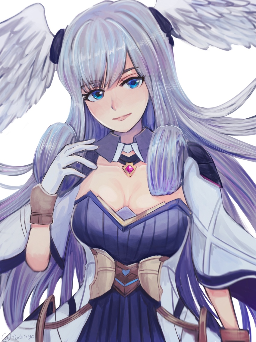 1girl, blue_eyes, breasts, curly_hair, dress, gloves, head_wings, highres