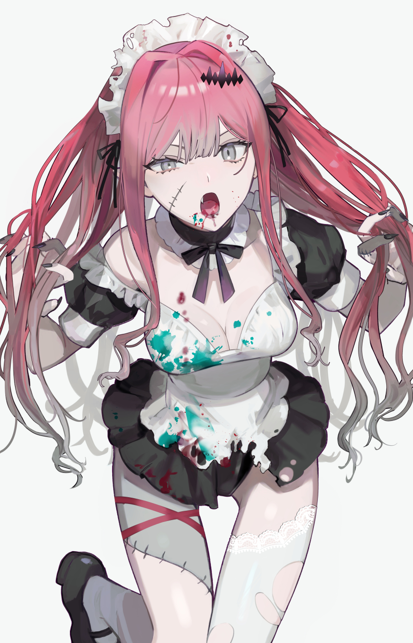 1girl, absurdres, alternate_costume, baobhan_sith_(fate), black_footwear, black_nails, breasts, cleavage, dress, enmaided, fang, fate/grand_order, fate_(series), grey_eyes, hands_in_own_hair, highres, kitou_saji, long_hair, maid, maid_headdress, medium_breasts, nail_polish, open_mouth, paint_on_clothes, paint_splatter, pink_hair, single_thighhigh, solo, stitched_face, stitched_leg, stitches, thighhighs, torn_clothes, torn_dress, torn_thighhighs, white_thighhighs
