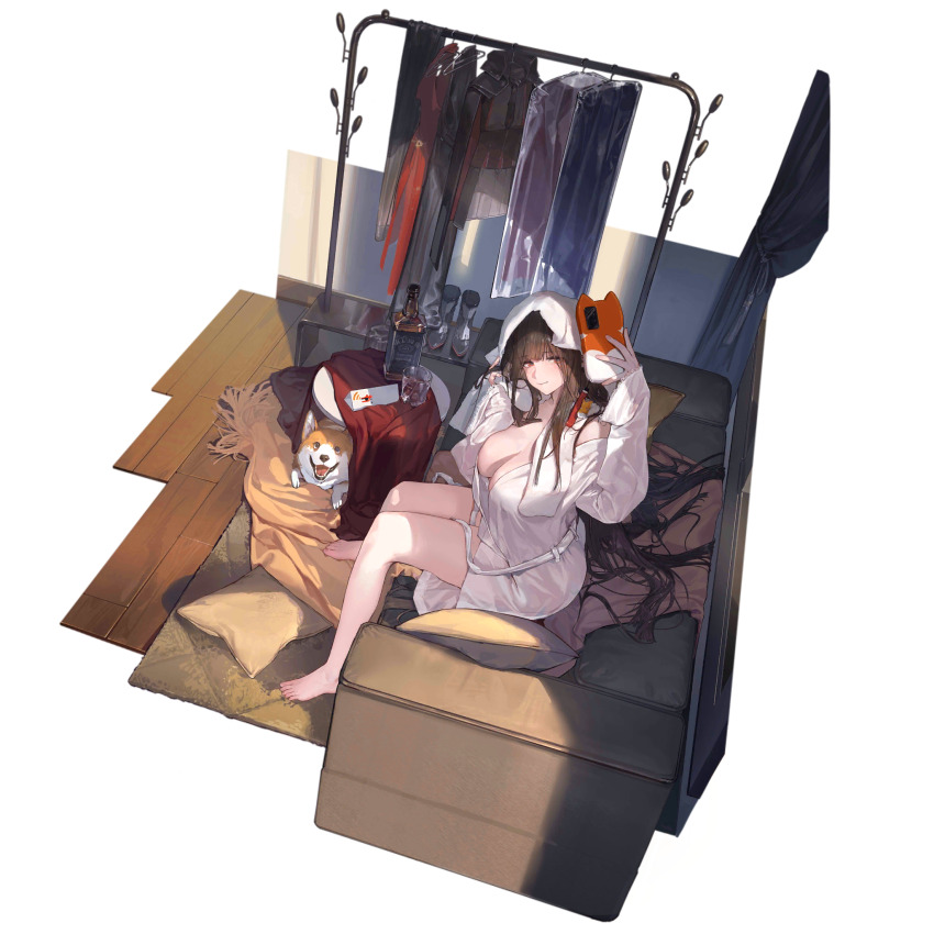1girl, alcohol, bare_legs, bathrobe, black_hair, bottle, breasts, cellphone
