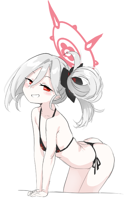 1girl, arm_support, ass, bad_id, bad_pixiv_id, bikini, black_bikini, blue_archive, blush, collarbone, female_focus, flower, grabbing_from_behind, grin, hair_flower, hair_ornament, halo, loli, long_hair, looking_at_viewer, mutsuki_(blue_archive), naughty_face, pointy_ears, purple_eyes, side_ponytail, simple_background, smile, solo, swimsuit, tscplayer, very_long_hair, white_background, white_hair