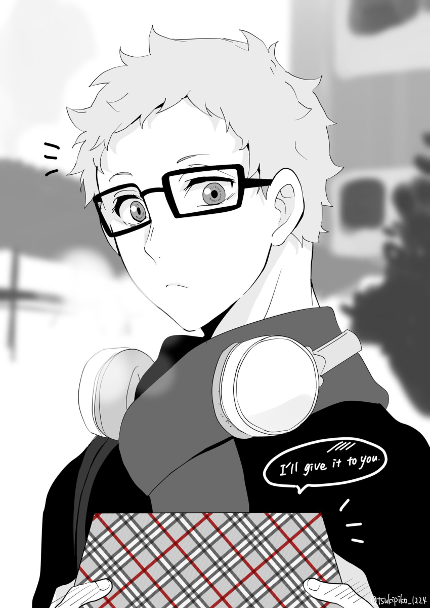 1boy, disembodied_hand, english_text, gift, glasses, greyscale, haikyuu!!, headphones