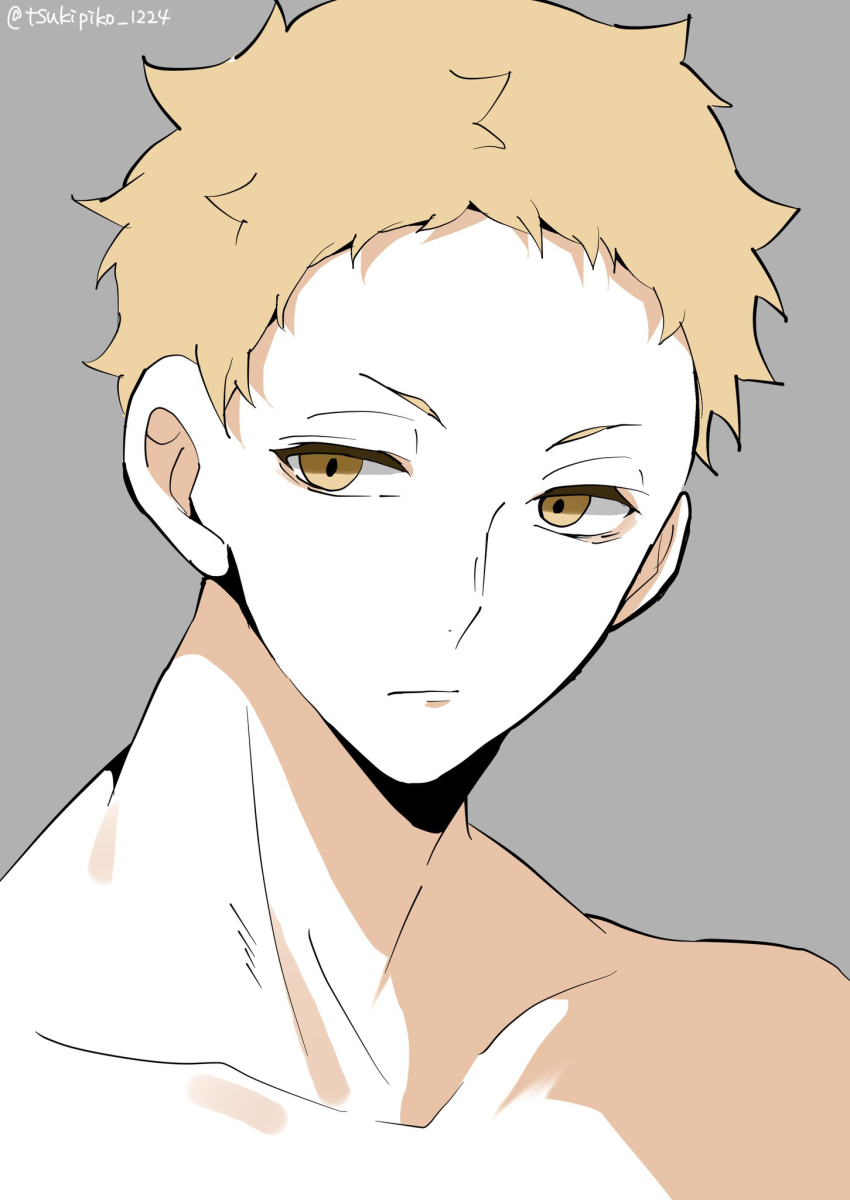 1boy, blonde_hair, brown_eyes, collarbone, expressionless, grey_background, haikyuu!!, highres