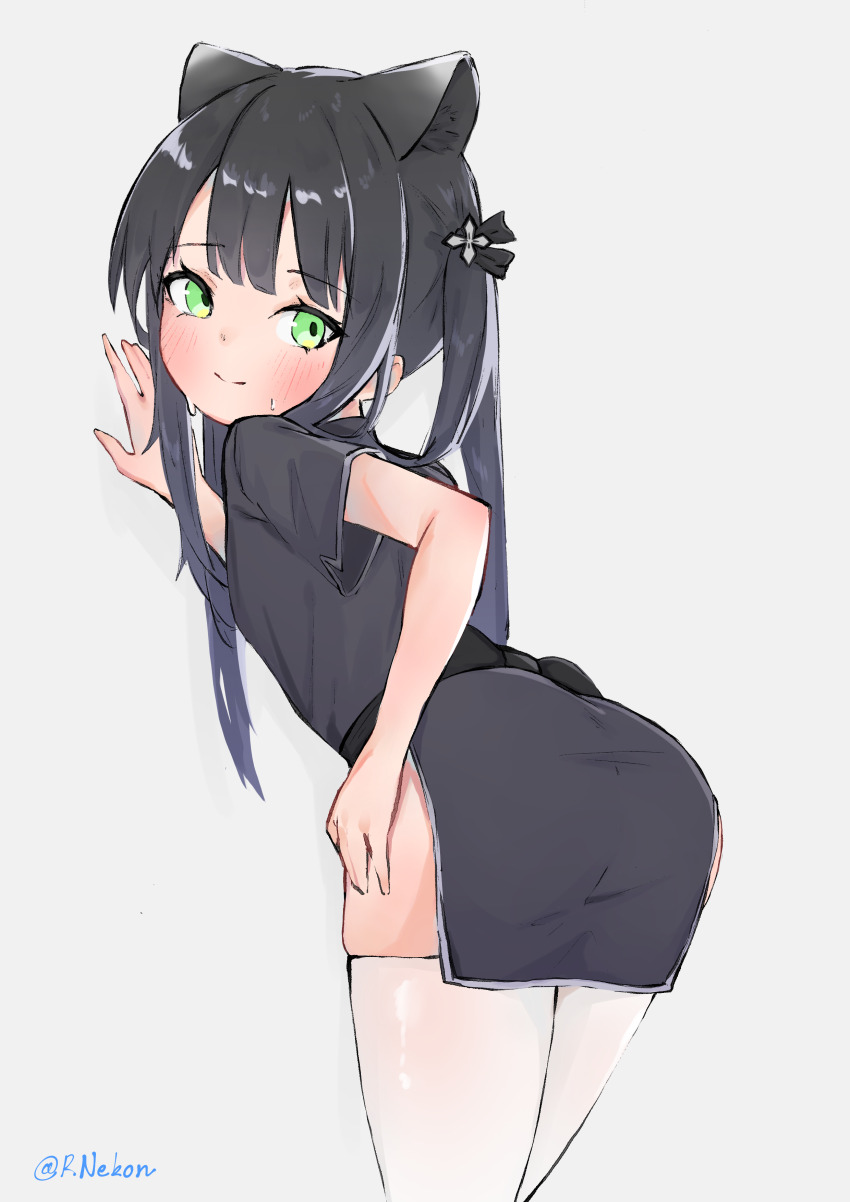 1girl, absurdres, against_wall, animal_ear_fluff, animal_ears, artist_name, ass, bent_over, black_dress, black_hair, blue_archive, blush, china_dress, chinese_clothes, dress, female_focus, from_behind, green_eyes, grey_background, highres, loli, long_hair, looking_at_viewer, looking_back, rnekon215, short_dress, short_sleeves, shun_(blue_archive), shun_(small)_(blue_archive), simple_background, smile, solo, sweat, thighs, tiger_ears, tiger_girl, twintails