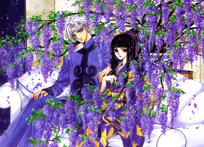 1boy, 1girl, alternate_hairstyle, black_hair, clamp, facial_mark, flower, hand_on_own_knee, highres, japanese_clothes, kimono, kishuu_arashi, long_hair, nataku, obi, official_art, ponytail, purple_theme, sash, sitting, white_hair, wisteria, x/1999, x_(manga)
