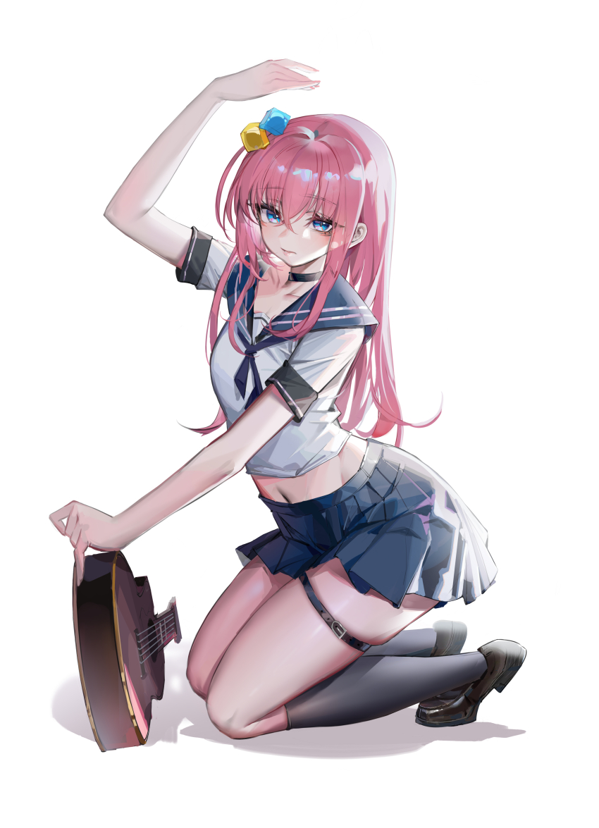 1girl, absurdres, alternate_costume, black_choker, black_socks, blue_eyes, blue_skirt, bocchi_the_rock!, choker, closed_mouth, cube_hair_ornament, electric_guitar, full_body, gibson_les_paul, gotoh_hitori, guitar, hair_between_eyes, hair_ornament, highres, holding, holding_instrument, instrument, lekou, loafers, long_hair, miniskirt, one_side_up, pink_hair, pleated_skirt, sailor_collar, school_uniform, serafuku, shirt, shoes, short_sleeves, simple_background, sitting, skirt, socks, solo, white_background, white_shirt