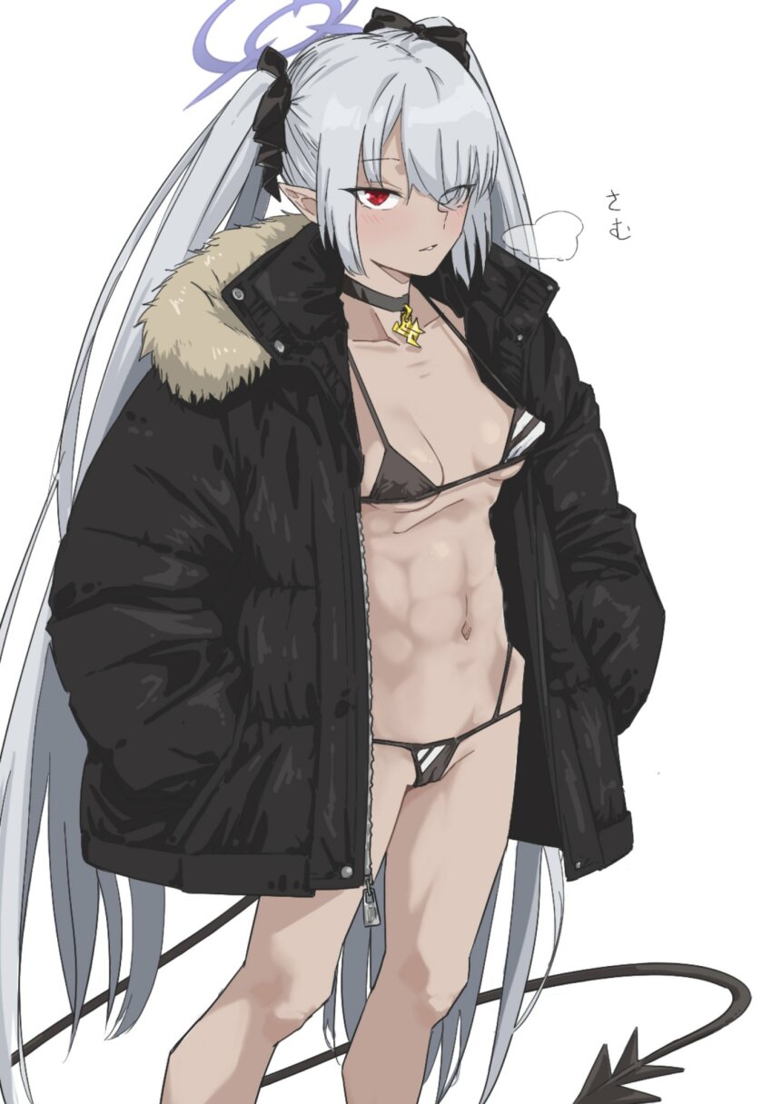 1girl, abs, bikini, bikini_under_clothes, black_bikini, black_choker, black_coat, black_ribbon