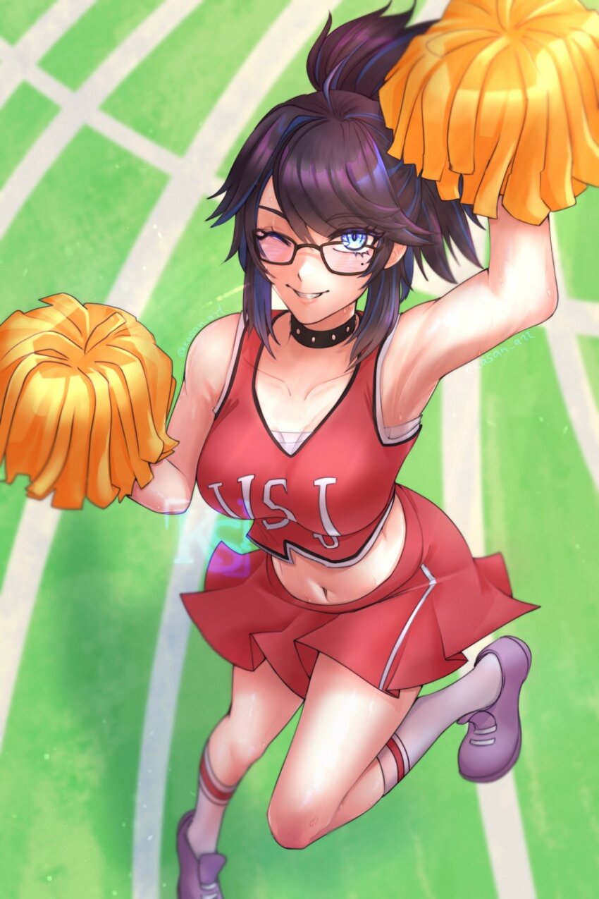 1girl, black-framed_eyewear, black_choker, blue_eyes, blue_hair, blush, breasts, cheerleader, chest_sarashi, choker, cleavage, commentary, english_commentary, glasses, highres, kasan_art, kson, large_breasts, long_hair, looking_at_viewer, mole, mole_under_eye, navel, one_eye_closed, pom_pom_(cheerleading), pony_(animal), ponytail, purple_footwear, purple_hair, red_shirt, red_skirt, sarashi, shirt, shoes, skirt, socks, souchou, spiked_choker, spikes, virtual_youtuber, vshojo, white_socks