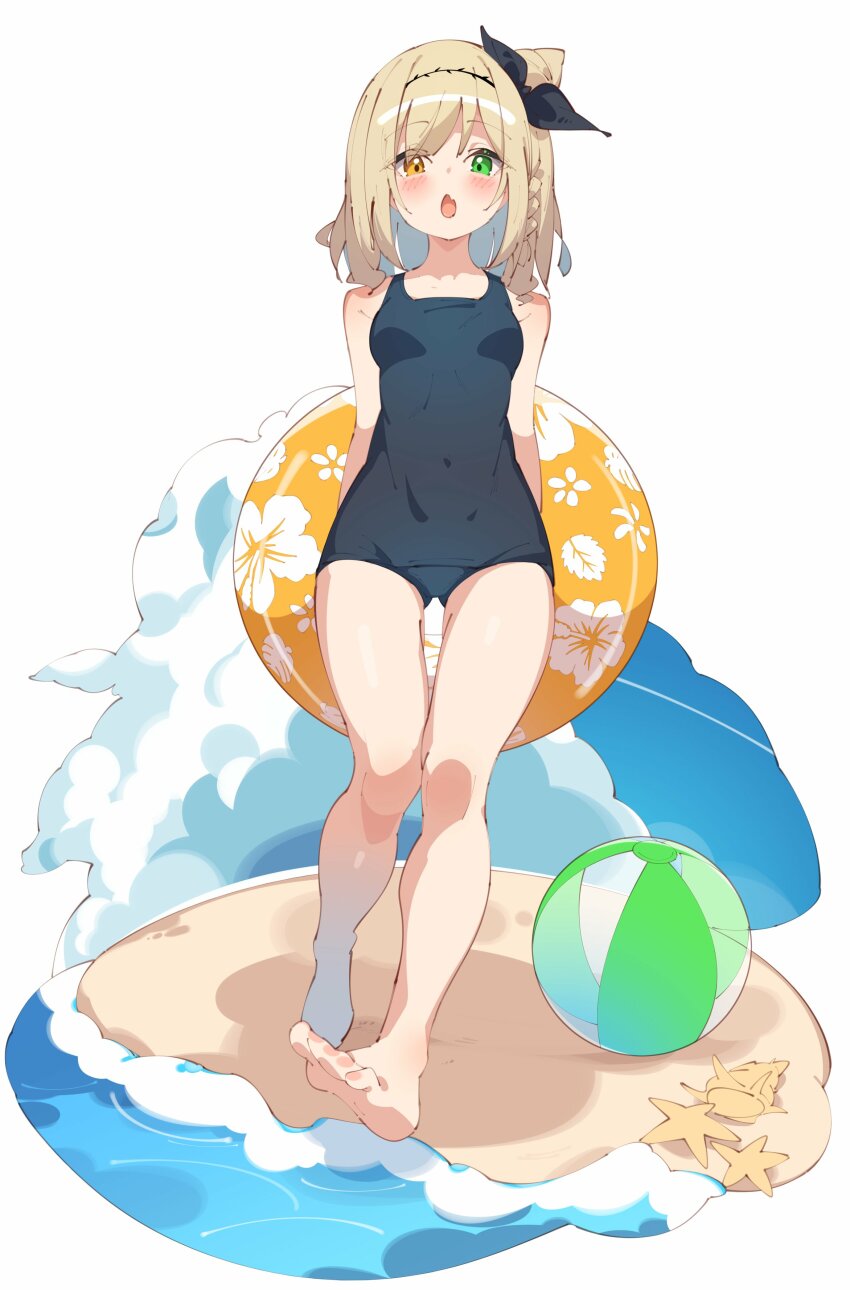 1girl, absurdres, arms_behind_back, ball, bare_legs, barefoot, beach, beachball