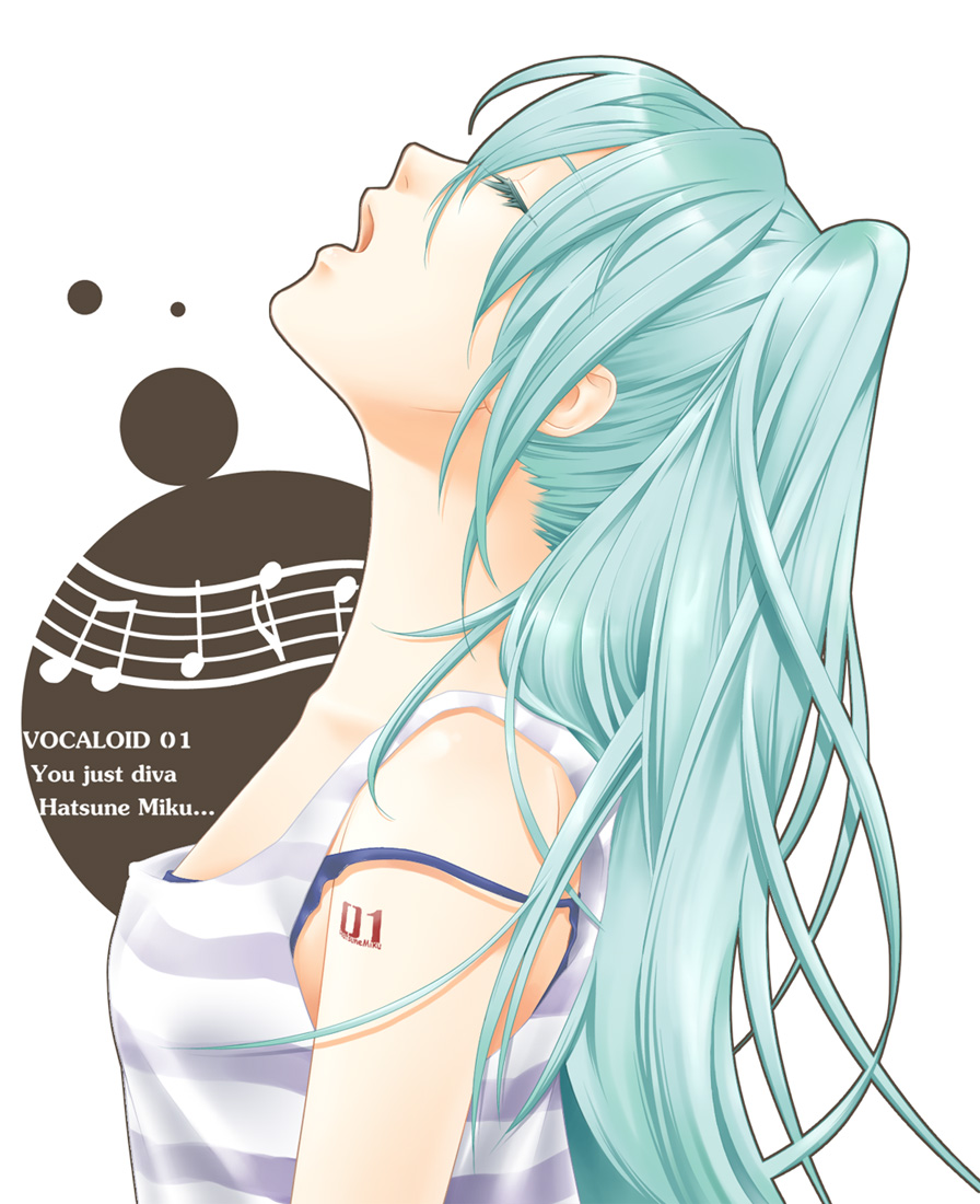1girl, aqua_hair, bad_id, bad_pixiv_id, bra, closed_eyes, female_focus, hatsune_miku, long_hair, open_mouth, profile, saki_(sense4), solo, strap_slip, striped, underwear, vocaloid, white_background