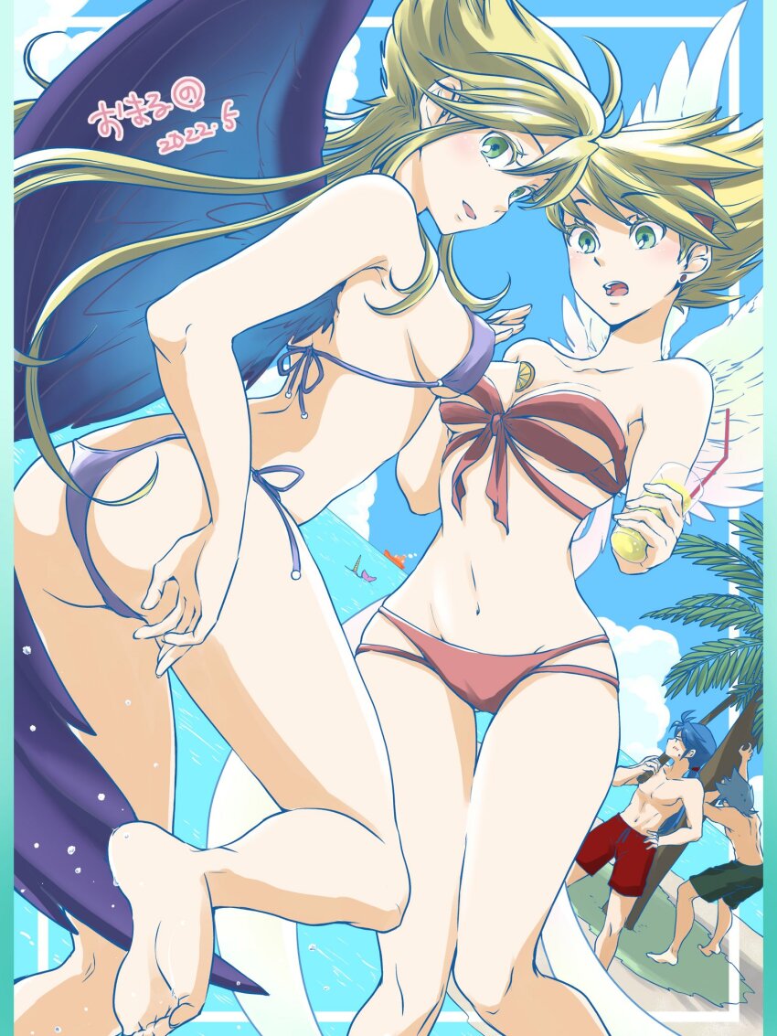 2boys, 2girls, alternate_costume, angel_wings, ass, bare_arms, bare_legs, bare_shoulders, barefoot, bikini, blonde_hair, blue_hair, blush, boat, breasts, breath_of_fire, breath_of_fire_ii, breath_of_fire_iii, cloud, day, drink, dutch_angle, earrings, eyebrows_hidden_by_hair, feathered_wings, green_eyes, grey_hair, hair_between_eyes, hairband, highres, holding, holding_drink, jewelry, long_hair, looking_at_viewer, looking_back, low_ponytail, maruno, medium_breasts, midriff, multiple_boys, multiple_girls, navel, neck, nina_(breath_of_fire_ii), nina_(breath_of_fire_iii), open_mouth, outdoors, palm_tree, ponytail, purple_bikini, purple_wings, red_bikini, round_teeth, ryu_(breath_of_fire_ii), ryu_(breath_of_fire_iii), short_hair, sideboob, sky, standing, strapless, strapless_bikini, stud_earrings, swimsuit, teeth, tree, upper_teeth_only, watercraft, white_wings, wings
