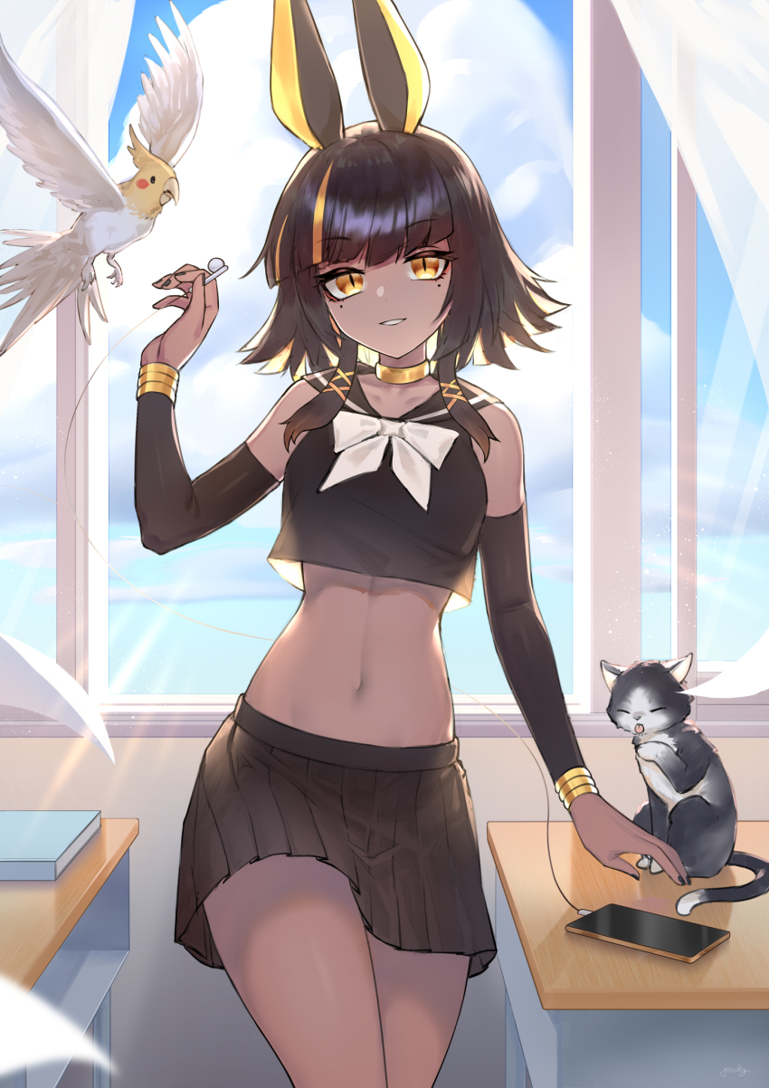 1girl, animal_ears, bird, black_skirt, breasts, brown_hair, cat, cellphone, choker, classroom, cloud, cloudy_sky, cockatiel, commentary_request, cowboy_shot, crop_top, dark-skinned_female, dark_skin, desk, detached_sleeves, earphones, girls'_frontline, girls'_frontline_neural_cloud, gold_choker, highres, holding, holding_earphones, imhotep_(her_secret)_(neural_cloud), imhotep_(neural_cloud), indoors, licking_paw, little_nine, looking_at_viewer, medium_breasts, midriff, mole, mole_under_eye, multicolored_hair, nail_polish, navel, phone, pleated_skirt, sailor_collar, school_desk, shirt, skirt, sky, sleeveless, sleeveless_shirt, smile, solo, streaked_hair, thighs, window, yellow_eyes