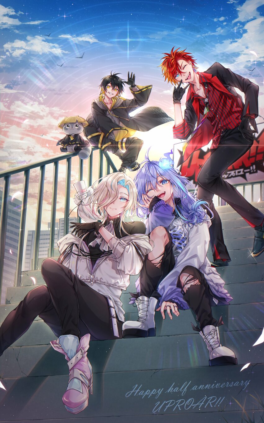 4boys, ;d, \n/, absurdres, anniversary, antenna_hair, aqua_eyes, aqua_hair