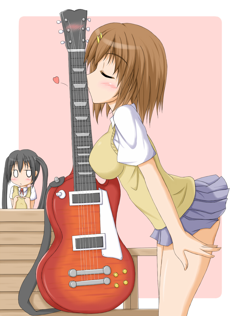 00s, 2girls, blush, brown_hair, closed_eyes, guitar, heart, hirasawa_yui, impossible_clothes, impossible_shirt, instrument, jealous, k-on!, kiss, leaning_forward, multiple_girls, nakano_azusa, qy73, school_uniform, shirt, short_hair, standing
