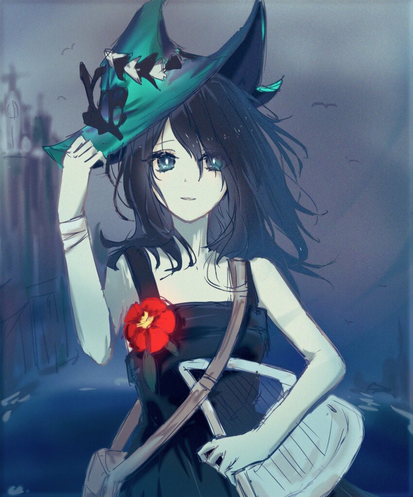 1girl, anita_(arknights), aqua_hat, arknights, bag, black_dress, black_hair, blue_eyes