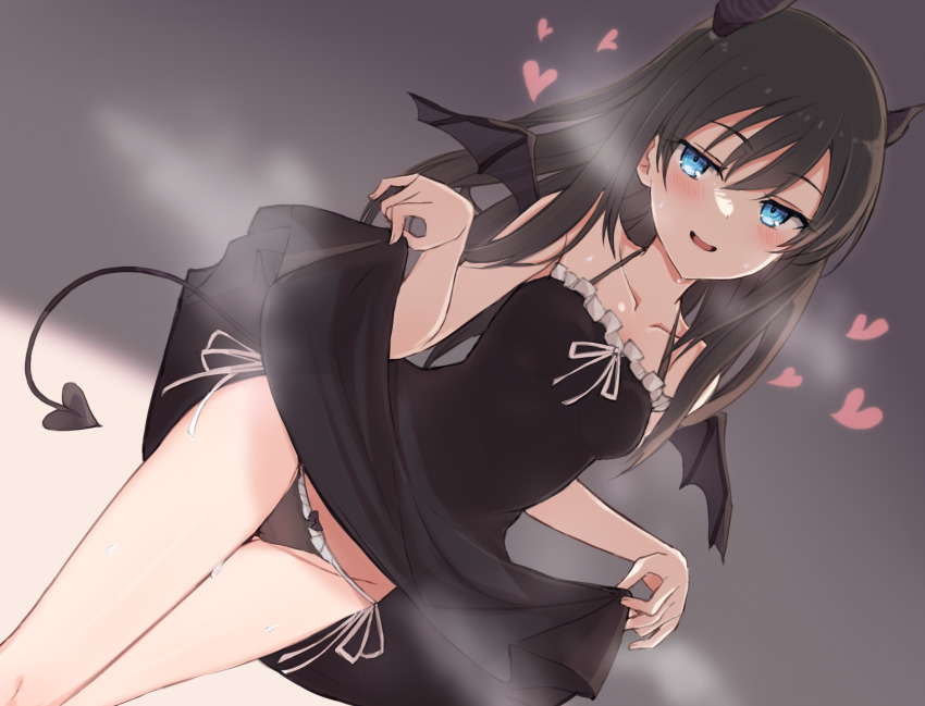 1girl, :d, bare_arms, bare_shoulders, black_dress, black_hair, black_panties, blue_eyes, blush, bow, bow_panties, breasts, clothes_lift, collarbone, commentary, demon_girl, demon_tail, dress, dress_lift, dutch_angle, frilled_panties, frills, hair_between_eyes, heart, highres, holding_own_dress, horns, layla_(mino), long_hair, looking_at_viewer, medium_breasts, nonono_mino, open_mouth, original, panties, ringed_eyes, side-tie_panties, sleeveless, sleeveless_dress, smile, solo, spaghetti_strap, sweat, tail, thighs, underwear, wings