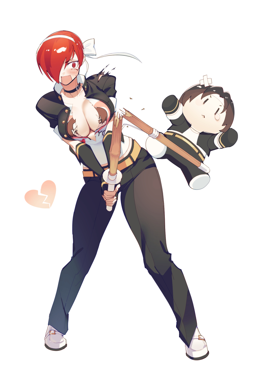 1girl, black_gloves, black_pants, blush, breasts, character_print, cleavage, cosplay, cropped_jacket, fingerless_gloves, full_body, genderswap, genderswap_(mtf), gloves, hair_over_one_eye, headband, highres, jacket, kusanagi_kyou, kusanagi_kyou_(cosplay), large_breasts, miss_x, navel, open_clothes, open_jacket, otoseto, pants, red_hair, school_uniform, shirt, short_hair, snk_heroines:_tag_team_frenzy, solo, teeth, the_king_of_fighters, white_footwear, yagami_iori