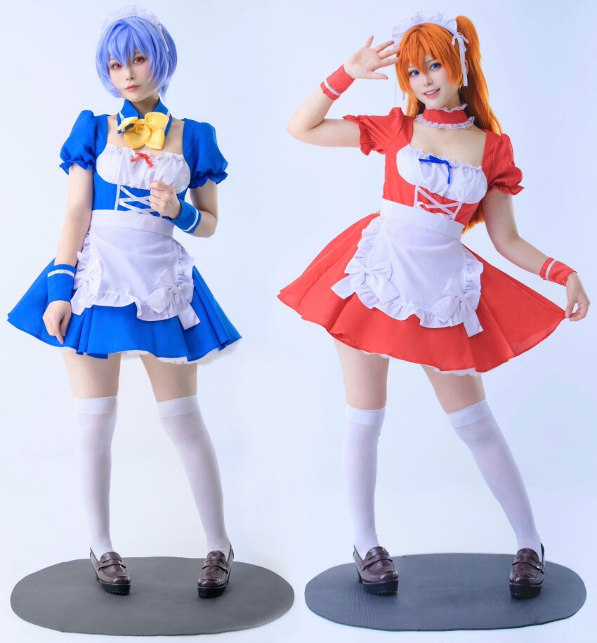 ayanami_rei, ayanami_rei_(cosplay), blue_dress, cosplay, dress, glico_happy, highres, maid