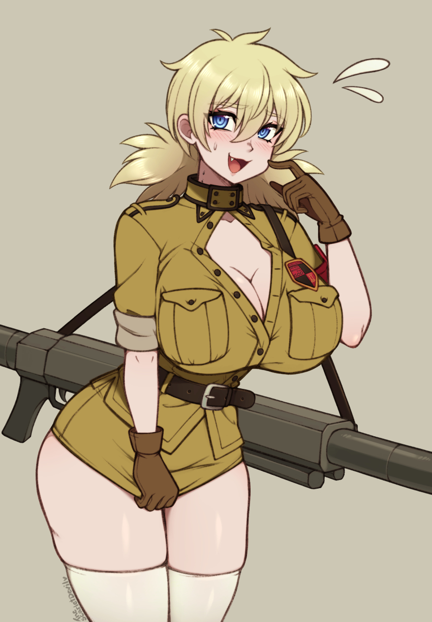 1girl, :d, anti-materiel_rifle, belt, black_belt, blonde_hair, blue_eyes, blush