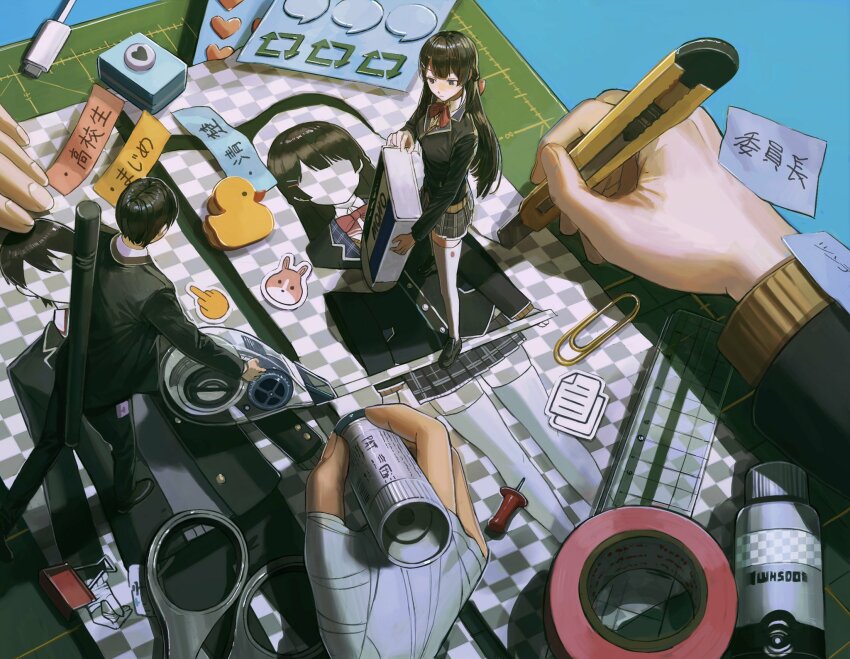 1boy, 1girl, animal_print, black_hair, black_jacket, black_pants, black_skirt, blazer