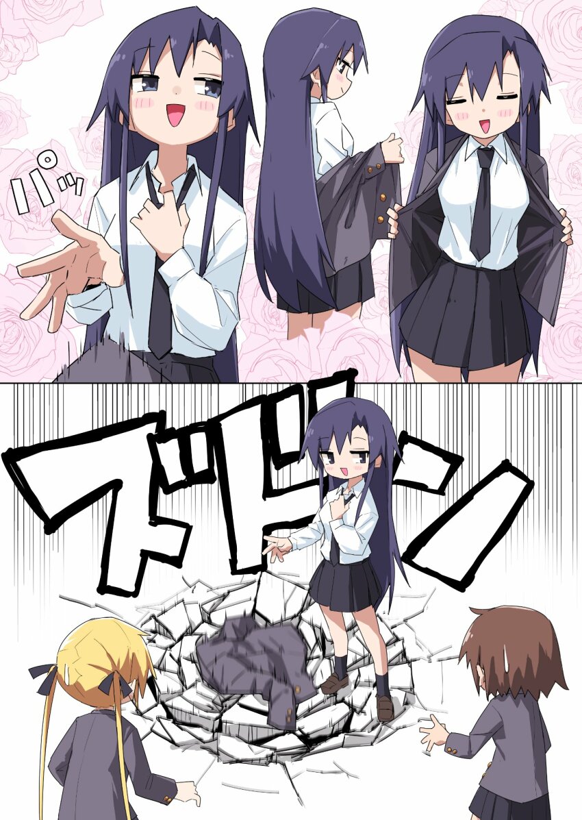 3girls, blonde_hair, blush_stickers, brown_hair, closed_eyes, comic, goshiki_agiri, heavy, highres, kill_me_baby, long_hair, multiple_girls, necktie, oribe_yasuna, purple_hair, school_uniform, short_hair, silent_comic, sonya_(kill_me_baby), sweatdrop, twintails, undressing, weighted_clothes, yachima_tana