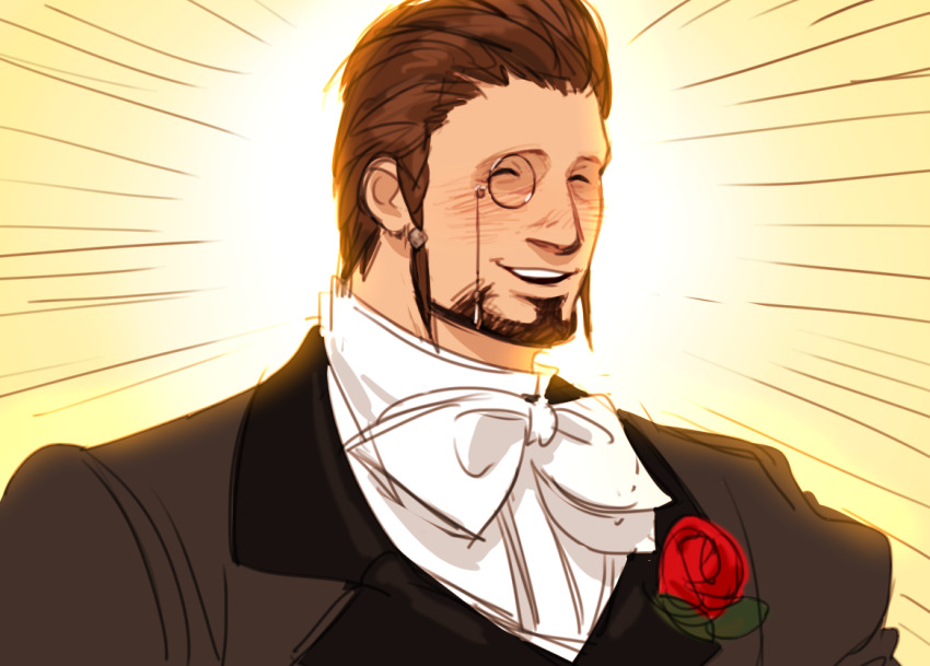 black_suit, bow, bowtie, brown_hair, essor0706, facial_hair, final_fantasy, final_fantasy_xiv