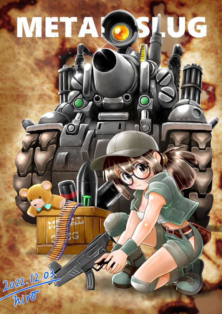 1girl, breasts, brown_hair, bullet, crop_top, fio_germi, glasses, gloves