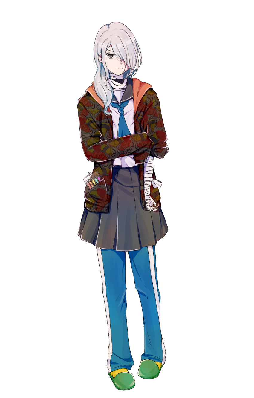 1girl, bandaged_arm, bandages, black_skirt, blue_neckerchief, grey_eyes, grey_hair, hair_over_one_eye