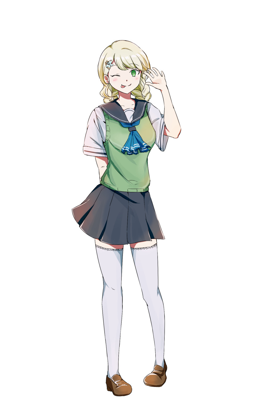 1girl, arm_behind_back, black_skirt, blonde_hair, blush, braid, brown_footwear, flower, full_body, green_eyes, green_sweater_vest, hair_flower, hair_ornament, hand_up, highres, one_eye_closed, school_uniform, short_sleeves, skirt, solo, standing, suna_yaro, sweater_vest, thighhighs, tongue, tongue_out, twin_braids, white_thighhighs