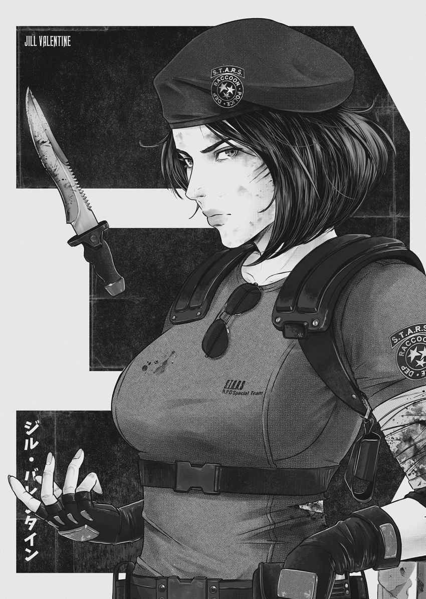 1girl, bandages, belt, blood, breasts, fingerless_gloves, gloves, greyscale, hat, highres, jhony_caballero, jill_valentine, knife, large_breasts, monochrome, resident_evil, resident_evil_(remake), resident_evil_1, shirt, short_hair, short_sleeves, sunglasses, torn_clothes