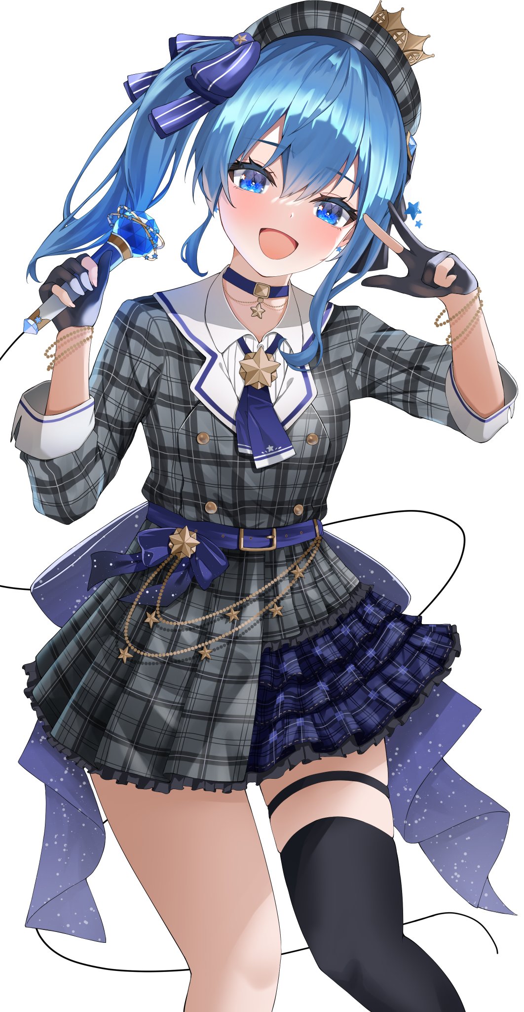 1girl, ascot, belt, beret, black_gloves, black_thighhighs, blue_ascot, blue_belt