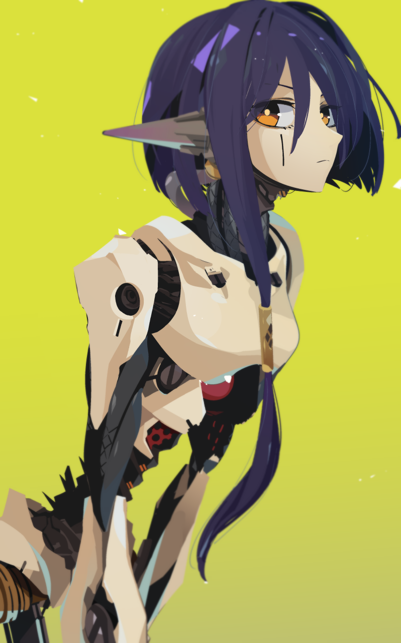 1girl, android, closed_mouth, colored_skin, copyright_request, green_background, grey_skin, highres, idkuroi, looking_at_viewer, mechabare, olympia_(sekaiju), orange_eyes, purple_hair, robot, short_hair_with_long_locks, simple_background, solo