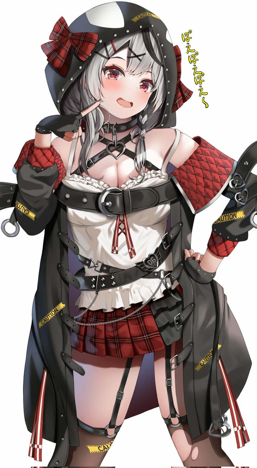 1girl, animal_hood, belt, black_belt, black_collar, black_gloves, black_hair, black_jacket