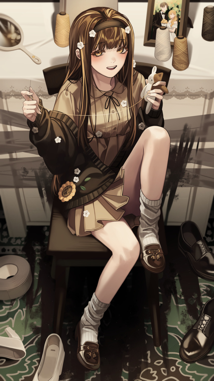 1girl, :d, absurdres, blunt_bangs, blush, brown_eyes, brown_hair, brown_skirt