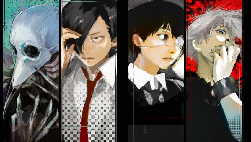 2boys, animal_skull, beak, bestial_choujin, black_hair, black_jacket, black_necktie, black_shirt