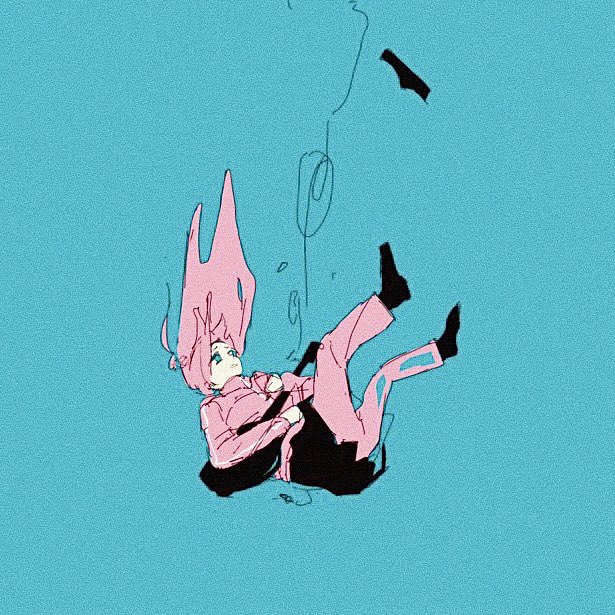 1girl, blue_background, blue_eyes, bocchi_the_rock!, falling, gotoh_hitori, guitar, instrument