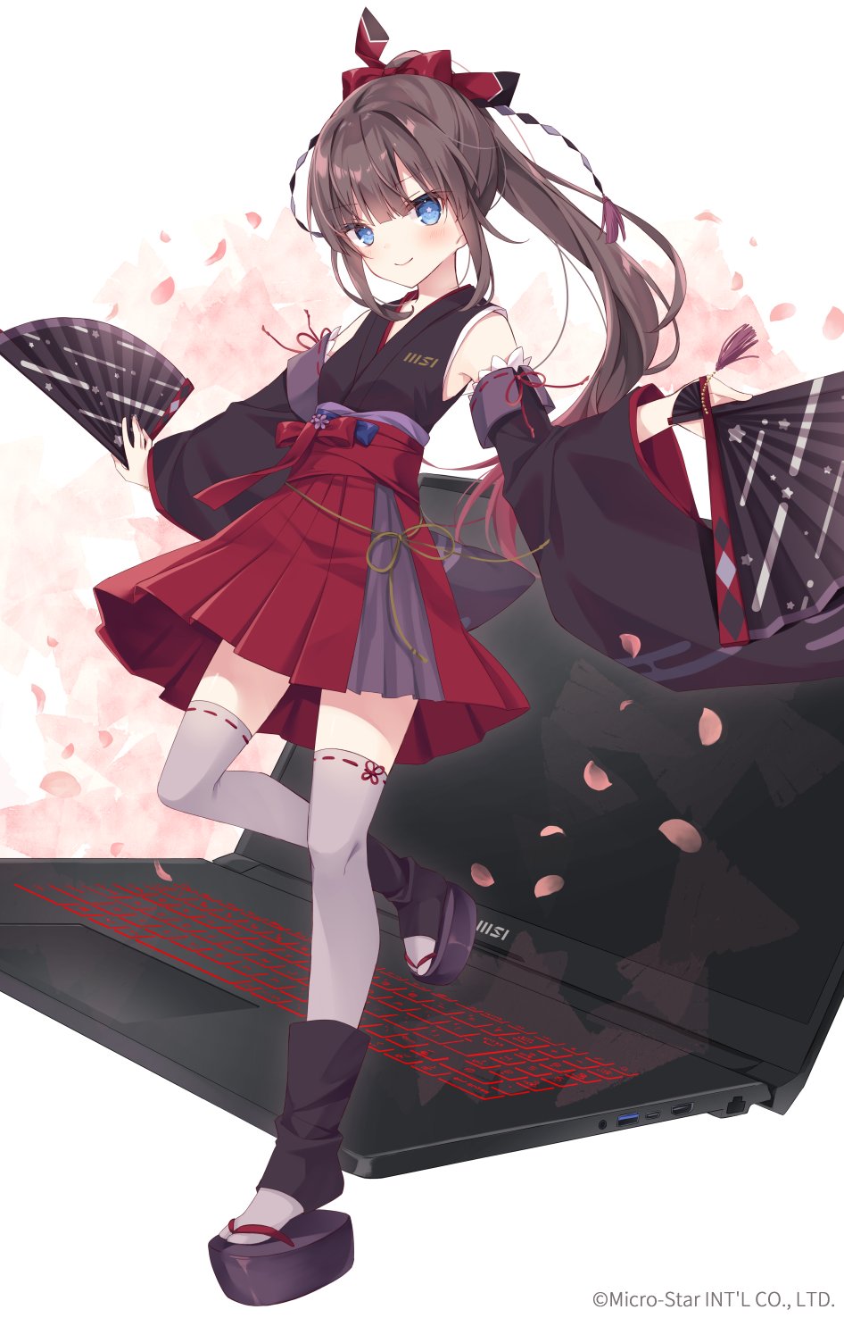 1girl, bare_shoulders, black_kimono, black_sandals, black_sleeves, blue_eyes, blush, bow