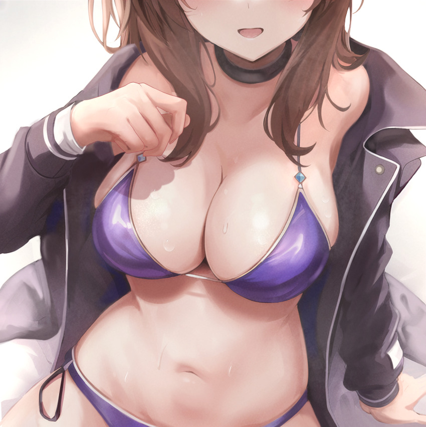1girl, absurdres, admire_vega_(umamusume), bad_id, bad_pixiv_id, bikini, black_jacket, breasts