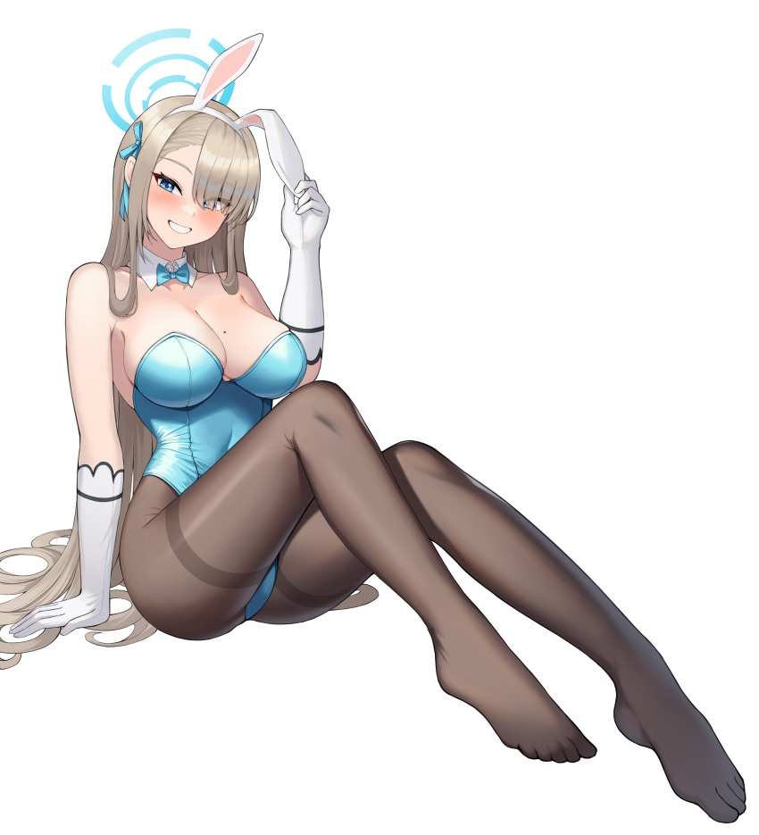 1girl, absurdres, animal_ears, arm_support, asuna_(blue_archive), asuna_(bunny)_(blue_archive), bare_shoulders, black_pantyhose