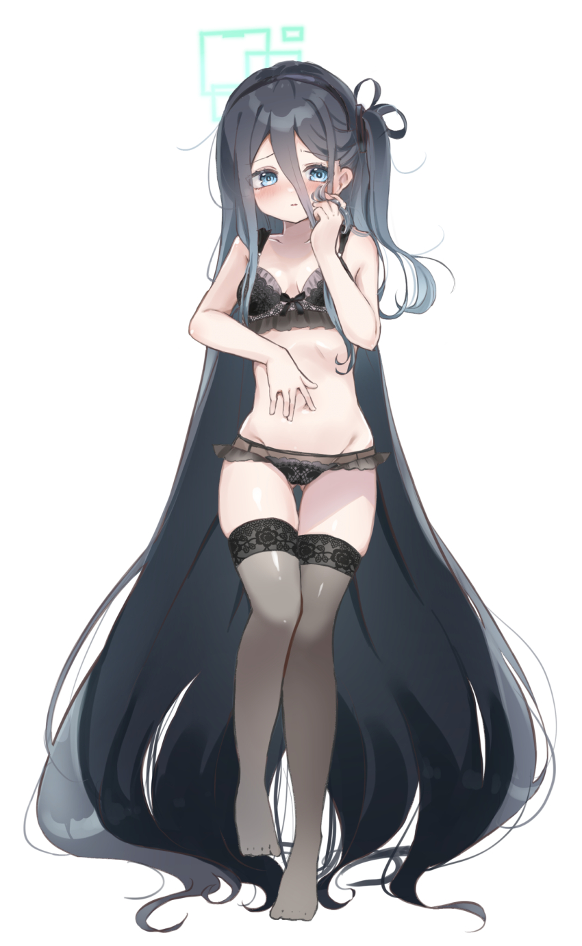 1girl, absurdly_long_hair, alternate_costume, aris_(blue_archive), bare_arms, bare_shoulders, black_bra, black_hair
