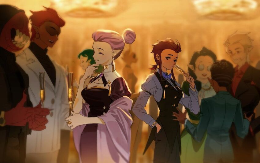 alternate_costume, amity_blight, blonde_hair, blurry, blurry_background, blurry_foreground, bow, bowtie, champagne_flute, cup, dark-skinned_female, dark-skinned_male, dark_skin, depth_of_field, dress, drinking_glass, emira_blight, formal_clothes, glasses, green_hair, gus_porter, hunter_(the_owl_house), kuma20151225, luz_noceda, pointy_ears, ponytail, purple_hair, shawl, short_ponytail, suit, the_owl_house, vest, waistcoat, willow_park